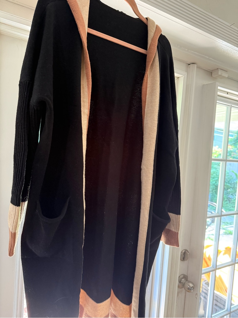 ChouTatou Black Open-Front Cardigan/Duster with Contrast Trim, PTP 28”